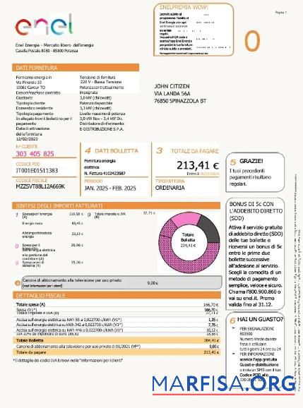 Blank Italy Enel Energia utility bill Word and PDF template